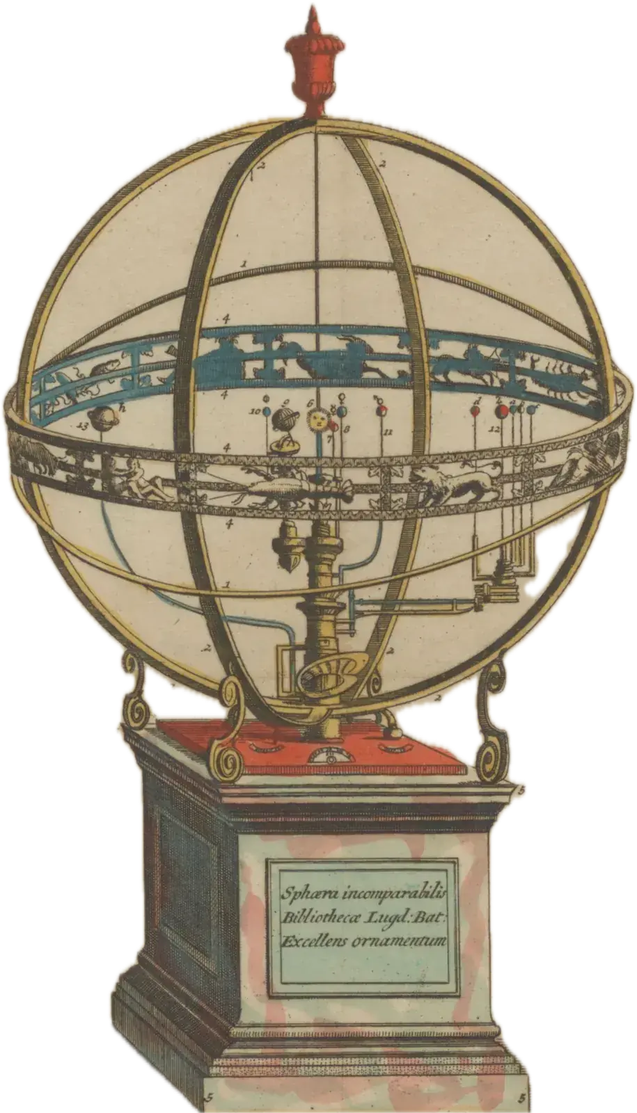 Gravura colorida à mão de uma esfera armilar construída em 1711 (estampa de 1726, Rijksmuseum).