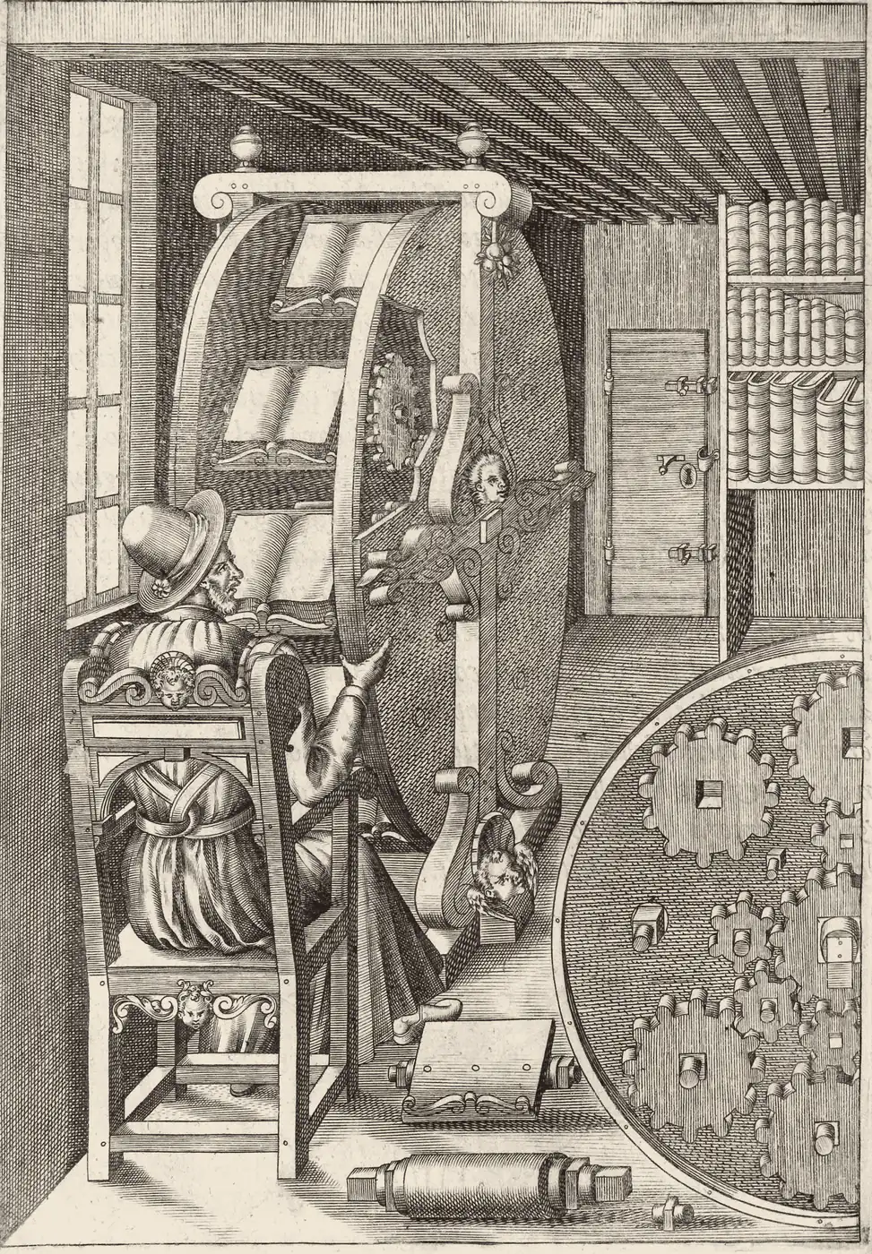Gravura de 1588: um leitor sentado diante de uma roda de livros, uma estante giratória que lhe põe à frente vários livros abertos.
